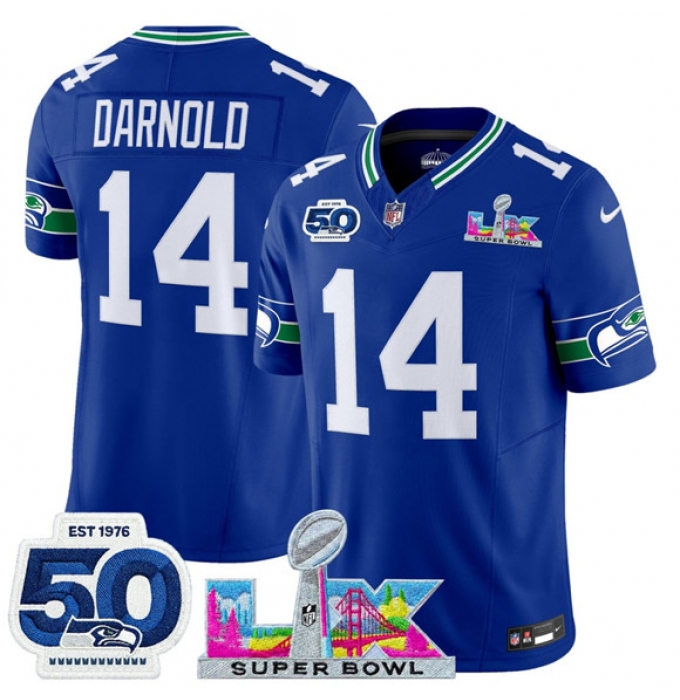 Men's Seattle Seahawks #14 Sam Darnold Royal 2025 F.U.S.E. Super Bowl LX And 50th Season Vapor Throwback Limited Football Stitched Jersey