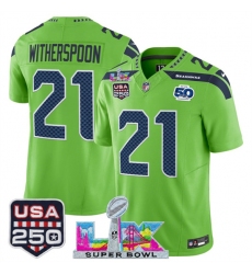 Men's Seattle Seahawks #21 Devon Witherspoon Green 2025 F.U.S.E. Super Bowl LX And 50th Season & USA 250 Vapor Limited Football Stitched Jersey