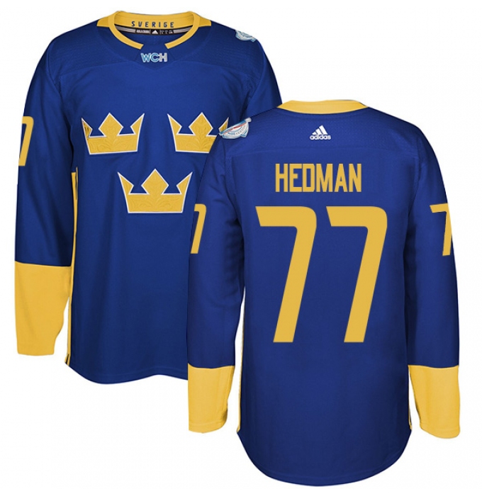 Men's Adidas Team Sweden #77 Victor Hedman Premier Royal Blue Away 2016 World Cup of Hockey Jersey