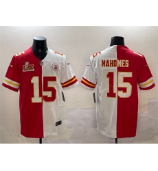 Men's Kansas City Chiefs #15 Patrick Mahomes Red & White Split 2025 Super Bowl LIX Vapor Limited Stitched Football Jersey