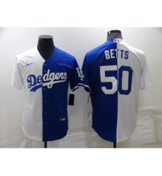 Men's Los Angeles Dodgers #50 Mookie Betts White Blue Split Cool Base Stitched Baseball Jersey