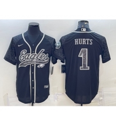 Men's Philadelphia Eagles #1 Jalen Hurts Black Reflective With Patch Cool Base Stitched Baseball Jersey