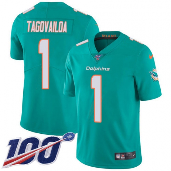 Youth Miami Dolphins #1 Tua Tagovailoa Aqua Green Team Color Stitched 100th Season Vapor Untouchable Limited Jersey