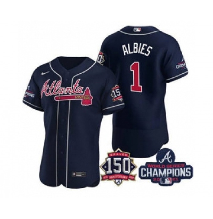 Men's Atlanta Braves #1 Ozzie Albies 2021 Navy World Series Champions With 150th Anniversary Flex Base Stitched Jersey