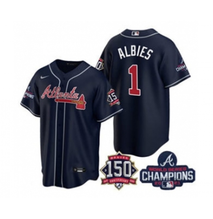 Men's Atlanta Braves #1 Ozzie Albies 2021 Navy World Series Champions With 150th Anniversary Patch Cool Base Stitched Jersey