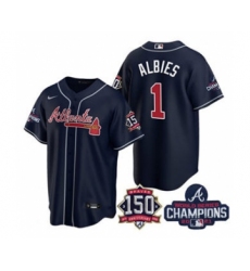 Men's Atlanta Braves #1 Ozzie Albies 2021 White World Series Champions With 150th Anniversary Flex Base Stitched Jersey
