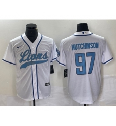 Men's Nike Detroit Lions #97 Aidan Hutchinson White Cool Base Stitched Baseball Jersey