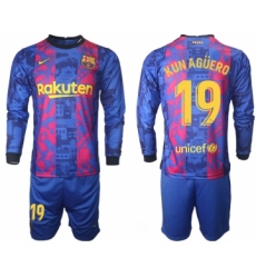 Men 2021-2022 Club Barcelona Second away blue Long Sleeve 19 Soccer Jersey
