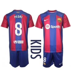Youth Barcelona #8 Pedri Blue Red 2023-24 Home Soccer Jersey