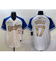 Men's Los Angeles Dodgers #17 Shohei Ohtani White Royal Gold 2024 World Series Champions Vapor Limited Stitched Baseball Jersey
