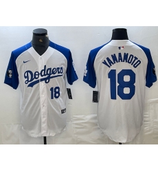 Mens Los Angeles Dodgers #18 Yoshinobu Yamamoto Number White Blue Fashion Stitched Cool Base Limited Jersey