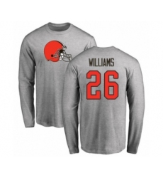 Football Cleveland Browns #26 Greedy Williams Ash Name & Number Logo Long Sleeve T-Shirt