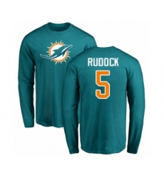 Football Miami Dolphins #5 Jake Rudock Aqua Green Name & Number Logo Long Sleeve T-Shirt