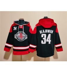Men's Houston Rockets #34 Hakeem Olajuwon Black Red Lace-Up Pullover Hoodie