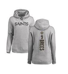 Football Women's New Orleans Saints #9 Drew Brees Ash Backer Pullover Hoodie