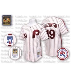 Men's Mitchell and Ness Philadelphia Phillies #19 Greg Luzinski Replica White/Red Strip Throwback MLB Jersey