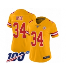 Women's Kansas City Chiefs #35 Christian Okoye Limited Gold Inverted Legend 100th Season Football Jersey